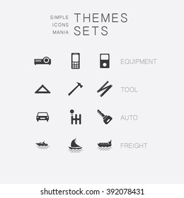 Big set of simple monochrome icons on various subjects: media equipment, tools icon, automobile, freight. The collection of high quality icons for working with Web graphics.