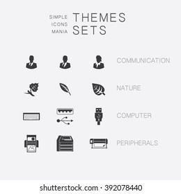 Big set of simple monochrome icons on various subjects:  business communication, leaf vector,  computer parts, peripherals. The collection of high quality icons for working with Web graphics.