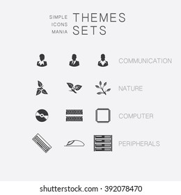 Big set of simple monochrome icons on various subjects:  business communication, leaf vector,  computer parts, peripherals. The collection of high quality icons for working with Web graphics.