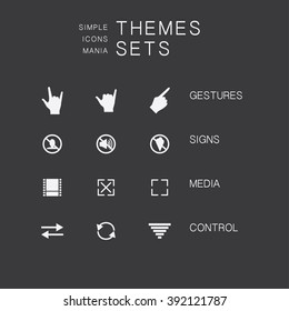 Big set of simple monochrome icons on various subjects: hand gestures, singing, media icons, control buttons. The collection of high quality icons for working with Web graphics.