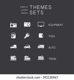 Big set of simple monochrome icons on various subjects: media equipment, tools icon, automobile, freight. The collection of high quality icons for working with Web graphics.
