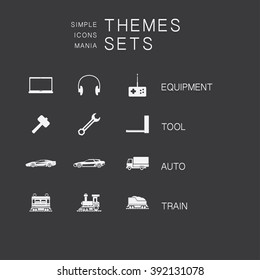 Big set of simple monochrome icons on various subjects: media equipment, tools icon, automobile, freight. The collection of high quality icons for working with Web graphics.
