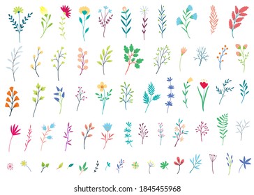 Big set of simple vector flowers and leaves. Flat design