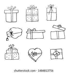 Big Set. Single hand drawn New Year and Xmas gift box. Doodle vector illustration for greeting cards, posters, stickers and seasonal design. Isolated on white background. vector clipart flat gift icon
