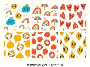 Big set of six hand drawn vector seamless pattern. Colored trendy illustrations for kids. Cartoon style. Flat design. Children's drawings style. Hearts, rainbows, fruits. Every pattern is isolated