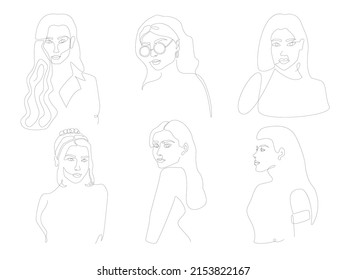 Big set of six illustrations with linear woman silhouettes. Modern abstract logo in continuous line style. Simple female portraits for printing, logo, media, backdrop, t-shirts, tattoo, etc.