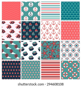 big set of  sixteen marine seamless patterns