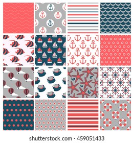 big set of  sixteen marine seamless patterns