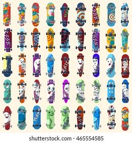 Big Set of skateboards and skateboarding and elements of street style. Painted in bright figures in a cartoon style. Vector illustration