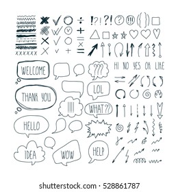 Big set of sketch arrows, speech bubbles clouds, strokes and hatched badges. Business doodles. Hand drawn design elements. Vector illustration