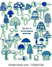 Big set of sketch hand drawn doodle hallucinogenic mushrooms. Vector 3D effect illustration. Polka dot striped caps and stalks. Fresh organic food or drugs isolated on white. Optical illusion 