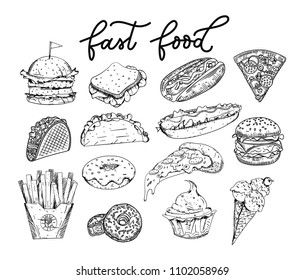 Big set of sketched fast-food elements. Burgers, tacos, pizza slices, donuts, french fries, cupcake, hot-dogs, ice-cream. Hand drawn food isolated on white background.