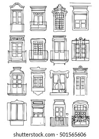 Big Set Sketched Windows Balconies Doodle Stock Vector (Royalty Free ...