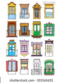 Big set of sketched windows and balconies in doodle style for your design. Vector colorful illustration