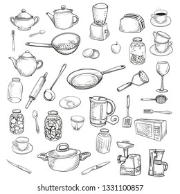 Big set of sketches of dishes and kitchen appliances.