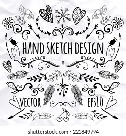 big set of sketches and line doodles - hand drawn design elements - isolated flowers, leaves, hearts, feathers, arrows - for decoration prints, labels, patterns - vector illustration