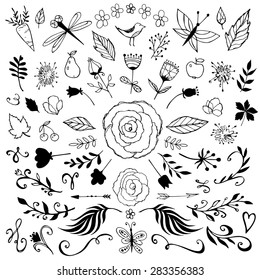 big set of sketches and line doodles - hand drawn style floral design elements - flowers, leaves, arrows isolated on white background - for decoration prints, labels, patterns - vector illustration