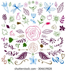 big set of sketches and line doodles - hand drawn style floral design elements - flowers, leaves, arrows isolated on white background - for decoration prints, labels, patterns - vector illustration