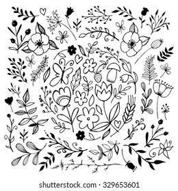 big set of sketches and line doodles - hand drawn design elements - isolated flowers, leaves, herbs - for decoration prints, labels, patterns - vector illustration. Coloring book.