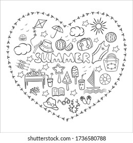 A big set of sketches for summer holidays and vacations in nature. Vector isolated elements in Doodle style on a white background. Design for travel and outdoor relax, for privacy and isolation.