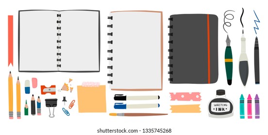 Big set for sketching. Various tools. Hand drawn vector set. Sketchbook, crayons, pencil, eraser, pen, marker, ink etc. Colored trendy illustration. All elements are isolated