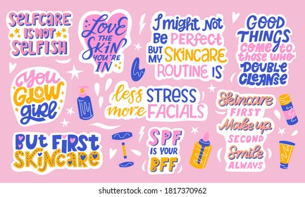 Big set of skin care lettering quotes with cosmetics and beauty product elements in the background. Hand drawn flat collection of stickers about beauty, self love, make up, face care and skin routine.