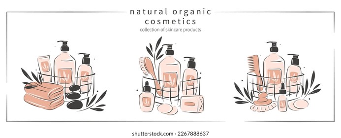 Big set of skincare products. Natural organic cosmetic products in bottles, tubes. Logo for a cosmetics store for body and hair care or beauty salon, spa. Vector illustration