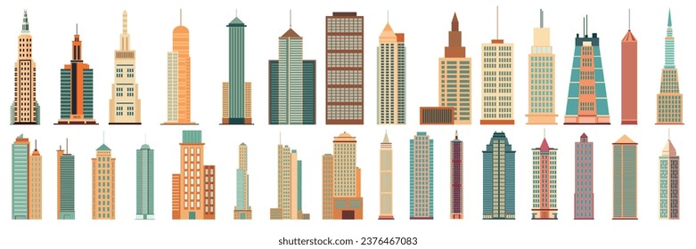 Big set of skyscrapers isolated on white background in flat style. Large collection of skyscrapers. Vector illustration.
