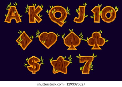 Big set Slot machine icons. Vector gaming icons of card symbols for slot machines or casino in wooden texture. Game casino, slot, UI