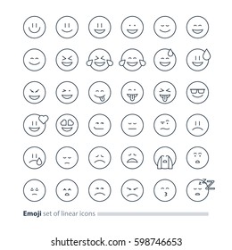 Big set of small linear emoji icons, black white mono line design, facial expressions, emoticon vector