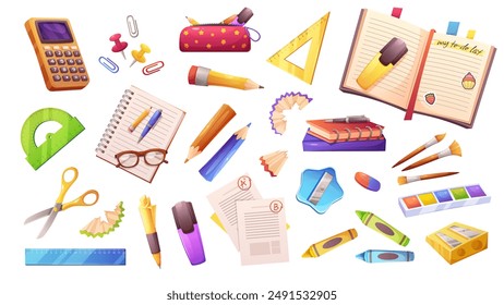 Un gran conjunto de Pequeños artículos de papelería. Utensilios de escritura, Reglas, libretas, tijeras. Elementos de Vector sobre fondo blanco