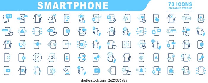 Big set of smartphone related filled line icons. Device, message, phone, call, app, screen etc. Editable stroke