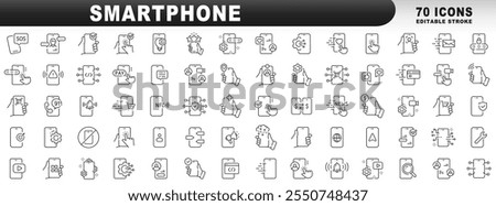 Big set of smartphone related line icons. Device, message, phone, call, app, screen etc. Editable stroke