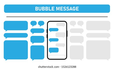 Big set smartphone with social network chat and blue speech bubbles on white background. Vector illustration.
