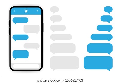 Big set smartphone with social network chat and blue speech bubbles on white background. Vector illustration.