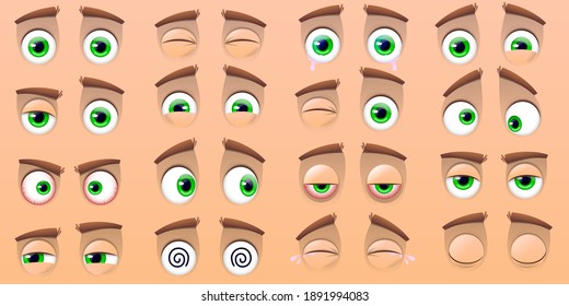 Big set of smileys and cartoon eyes isolated on a beige background. Comic observing eye, funny facial expressions and human emotions happy and crying sad pair of eyes. Vector illustration