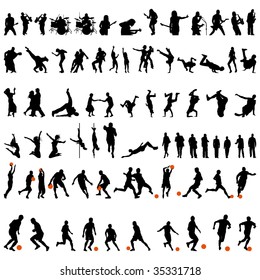 Big Set of Smooth Different People Vector Silhouette. Dance and Sport. Singing, Rock Musicians, Jumping, Standing,  Football, Soccer, Basketball.  High Detail Vector Illustration. 