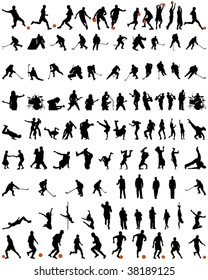 Big Set of Smooth Different People Vector Silhouette. Dance and Sport. Singing, Rock Musicians, Jumping, Standing,  Football, Soccer, Basketball, Hockey, Athlete.  High Detail Vector Illustration. 