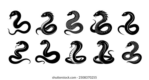 Big set, snake, symbol 2025 black silhouette. Isolated white background.