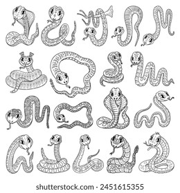 Big set snakes sketch. Hand drawn line art illustration.