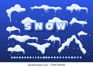 Große Schneekappen, Schneebälle und Schneeschuhe sind installiert. Element der Winterdekoration für die Gestaltung von Bannern, Prospekten, Postkarten . Vektorillustration mit einem großen, winterlichen Alphabet-Stil.