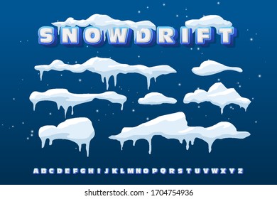 Big set of Snow caps, snowballs and snowdrifts are installed. Element of winter decor for design of banners, leaflets, postcards . Vector illustration with a large, winter alphabet style.