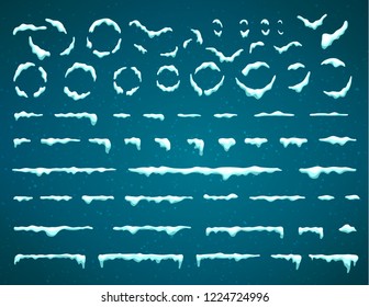 Große Menge von Schneekizieln und Schneekappe einzeln. Cartoon-Schneeelemente auf Winterhintergrund. Vorlage entwerfen. Vektorillustration.