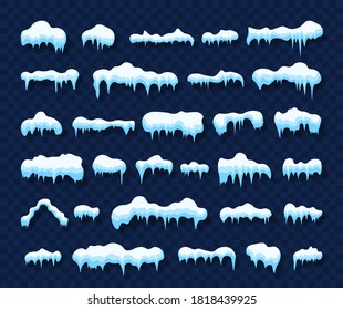 Big set of snow icicles and snow cap. Snowballs and winter decoration. White snow template. Snowy elements in cartoon style on blue background. Vector illustration.