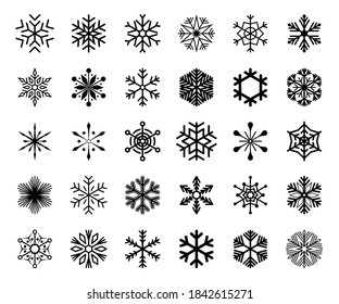 Big set of snowflake icons isolated on white background. Snow icons silhouette, winter, New year and Christmas decoration elements. Vector illustration