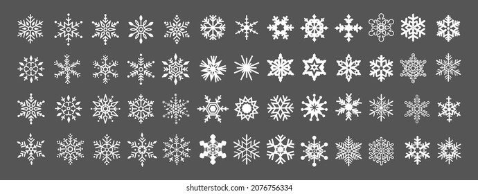 Große Auswahl an Schneeflocken-Symbolen. Silhouettenkollektion mit Flake. Schönes neues Jahr, Weihnachten, Weihnachten. Schnee, Urlaub, kaltes Wetter, Frost. Winterdesign-Elemente. Vektorgrafik.
