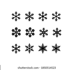 Big set of snowflakes isolated on white background. Snow for decoration and patterns. Black silhouette, flat simple minimal design, eps 10.