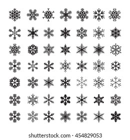 Big set of snowflakes on white background. Vector isolated icons. Winter stars. Christmas season decoration.