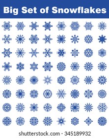 Big set of snowflakes. Sixty-four different forms. Vector Image.