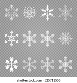 Big set of snowflakes a transparent background. 12 vector icons